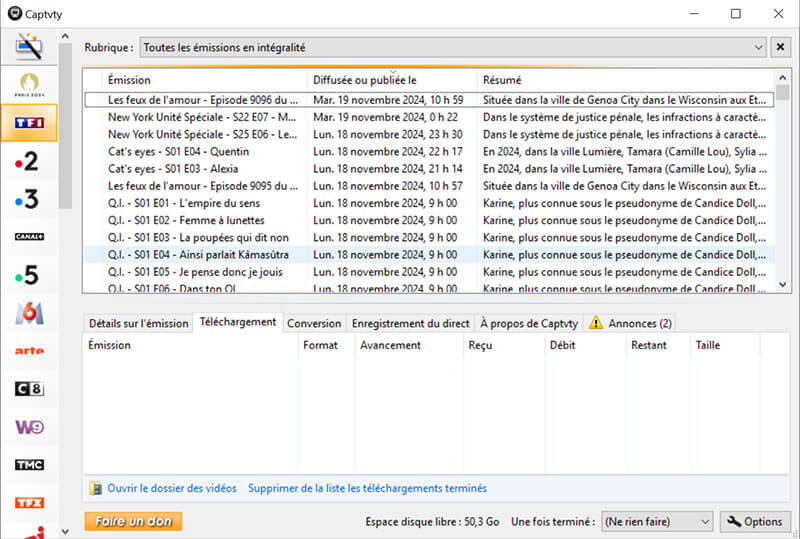 Émissions affichées