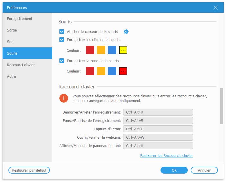 Paramètres de la souris