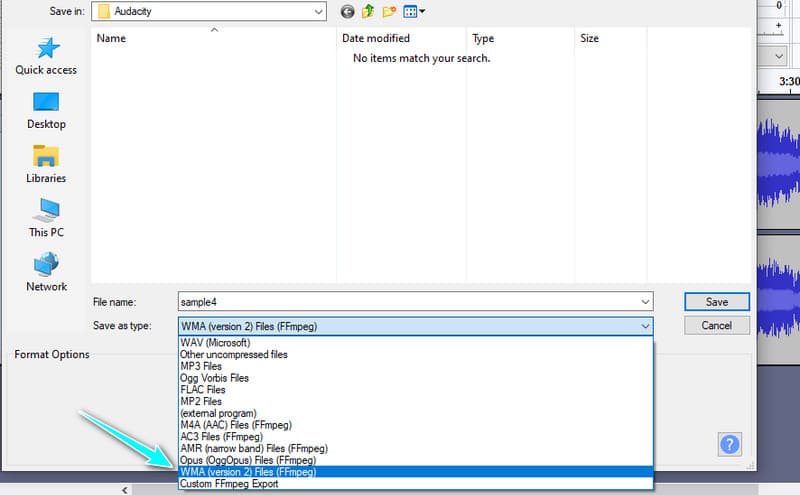 Audacity Sélectionner le format de sortie WMA
