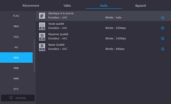 Définir le format audio M4A